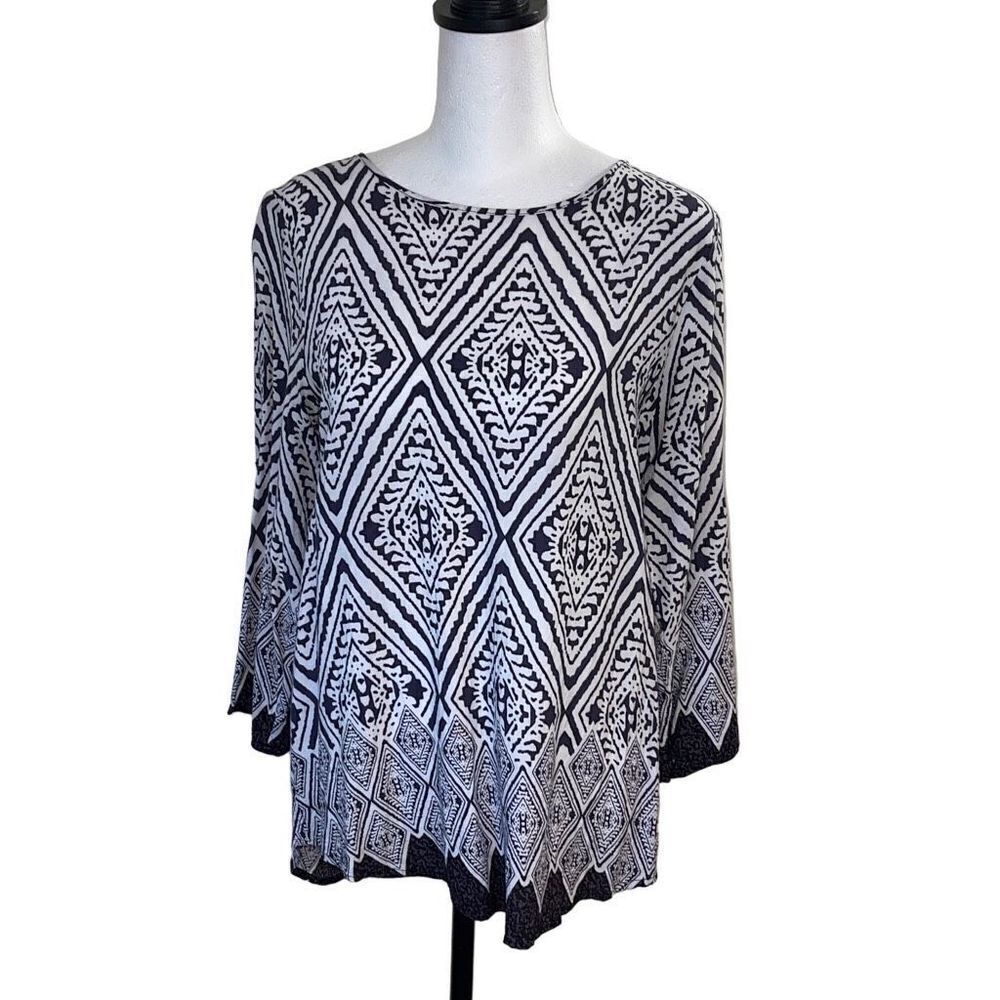 Fun2fun Women's 3/4 Sleeve Top Blouse Bohemian Geometric Tunic Black Size Medium